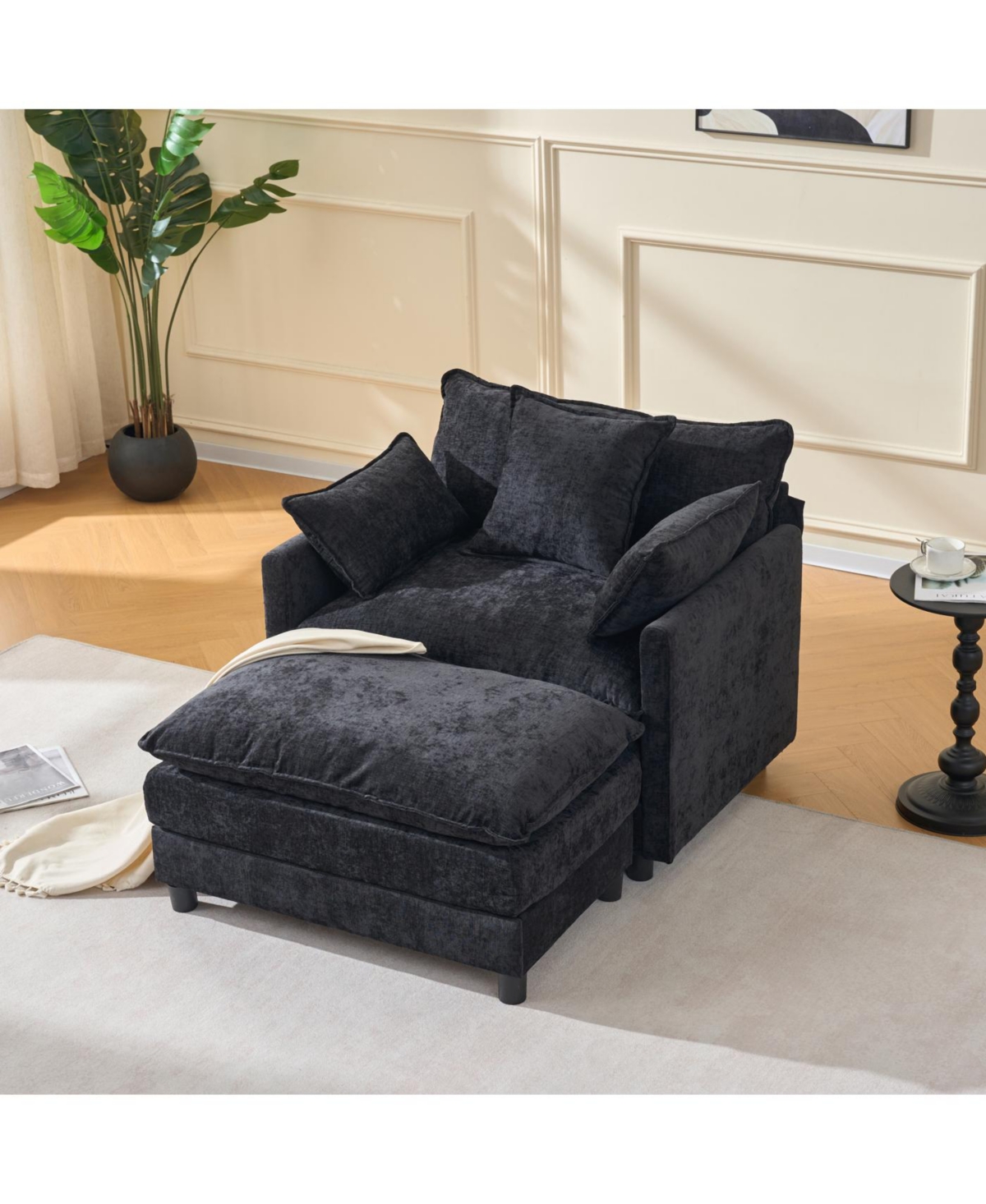 Streamdale Furniture Streamdale Modern Accent Chair with Ottoman, Black Chenille