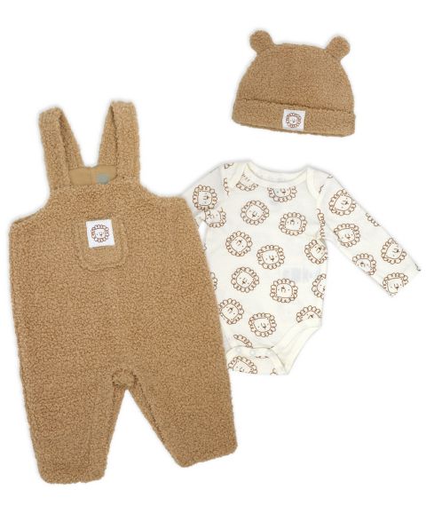 Детский комплект Baby Mode с львами: полукомбинезон, боди и кепка, 3 предмета, цвет: Верблюжий / Молочный белый