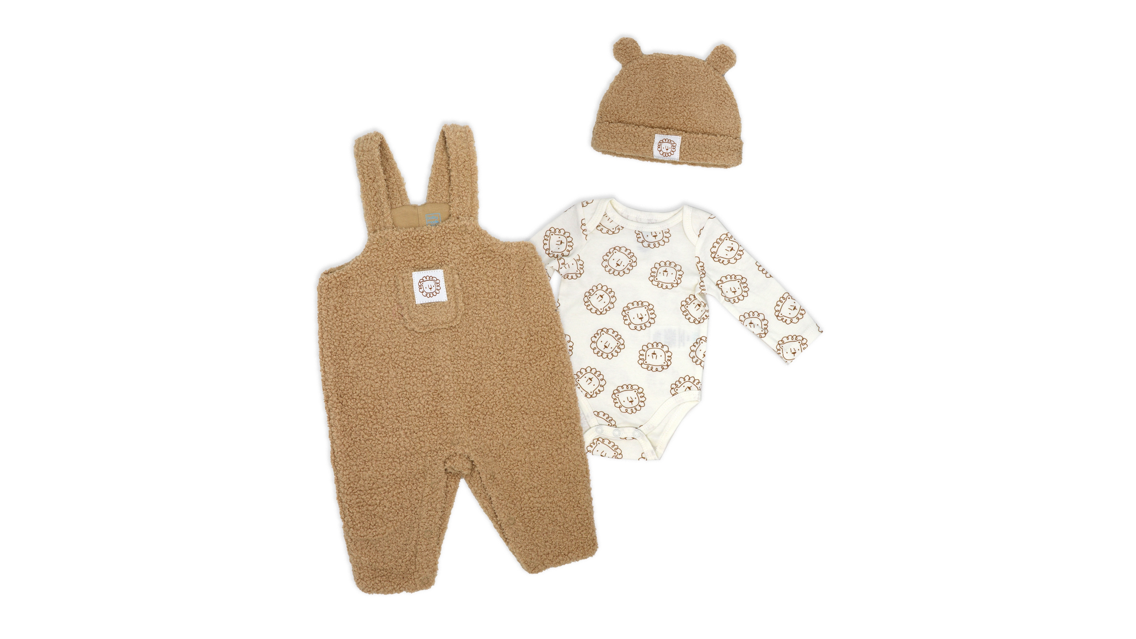 Baby Mode Boys' and Girls' Lions Print Overall, Bodysuit Cap, 3-Piece Set