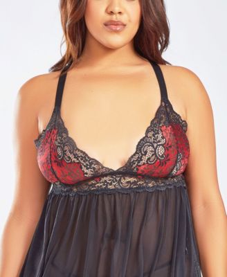 Plus Size Soft Cup Lace Mesh Babydoll Lingerie Set