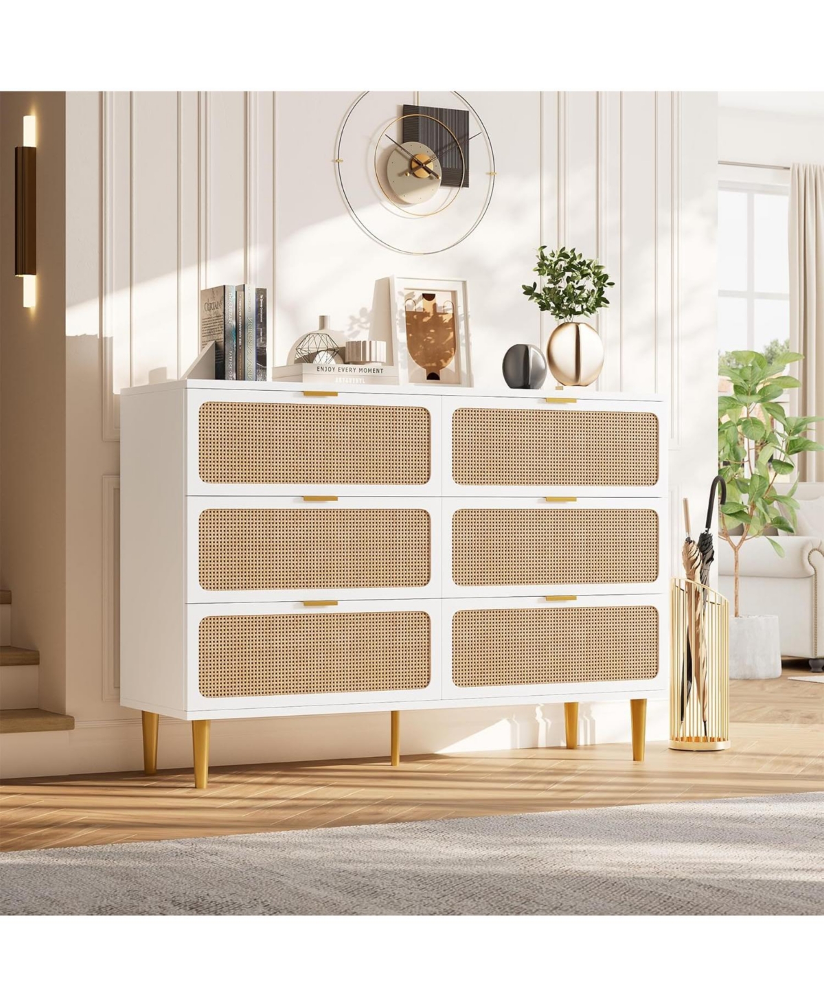 Gaomon Rattan 6 Drawer Dresser for Bedroom, Long Double Chest with Deep Drawers and Wide Top for Living Room or Kids Room