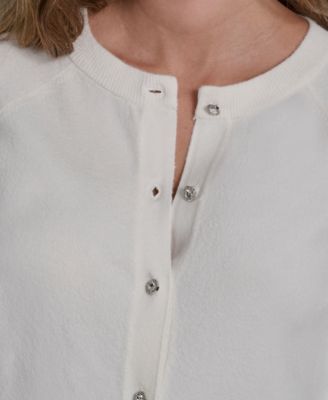 Women's Rhinestone Button-Front Crewneck Cardigan