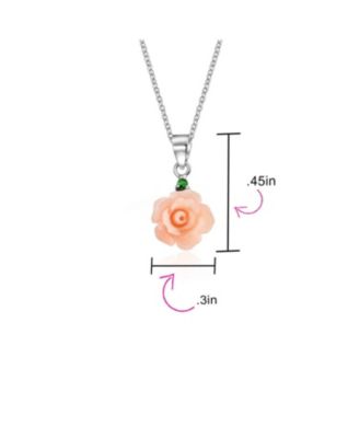 Romantic Floral 3D Pink Rose Green CZ Accent Pendant Necklace & Lever back Dangle Earrings Jewelry Set Sterling Silver