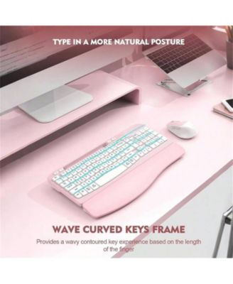 Wireless Keyboard and Mouse Combo - Full-Sized Keyboard with Cushioned Palm Rest, Phone Holder, 2.4G Cordless Set for Computer, Laptop, PC - Pink