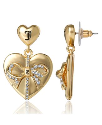 Double Heart Bow Detail Drop Earrings, Gold Tone with Crystal Accents