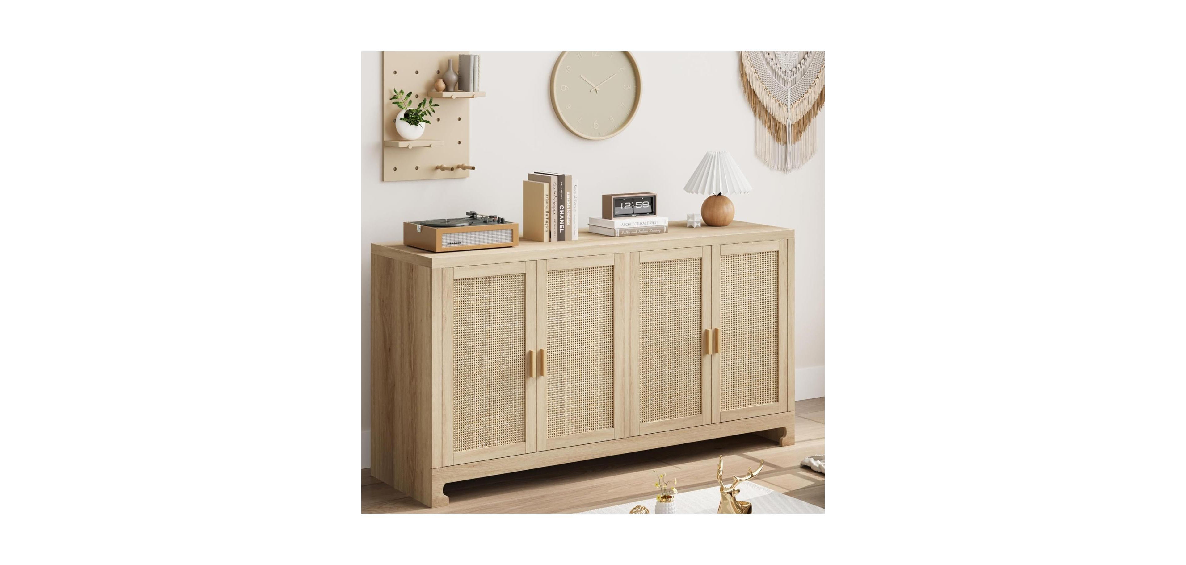 Rattan Accent Storage Cabinet with 4 Doors and Shelf, Modern Console Coffee Bar Cabinet for Dining Room, Kitchen, Living Room,Entryway,Beige