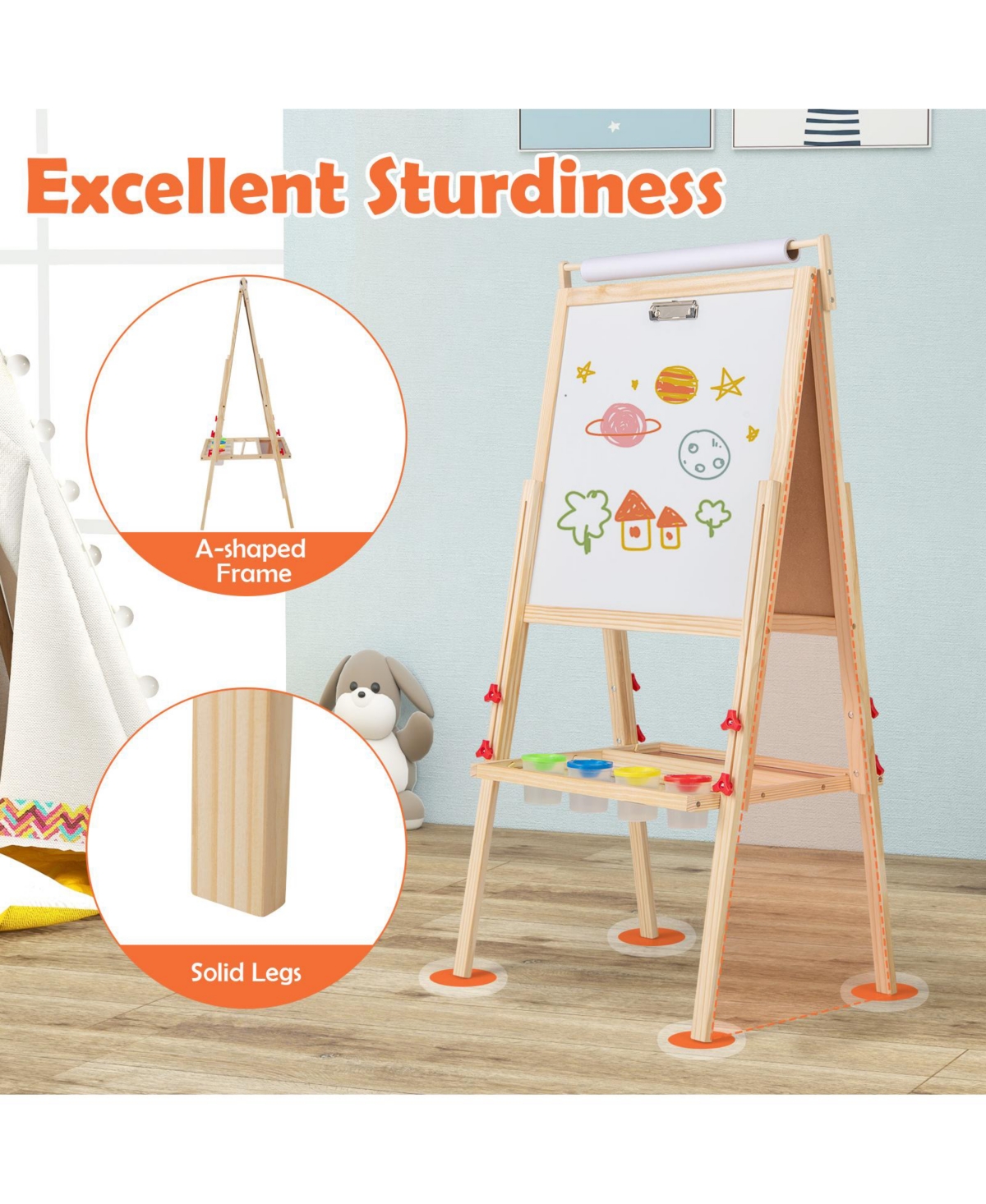 Sugift - Adjustable Double-sided Easel with 4 Paint Cups