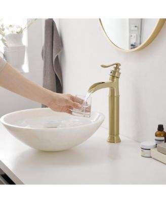 Waterfall Single Handle Bathroom Vessel Sink Faucet Farmhouse Vanity Bowl Tall Lavatory With Metal Drain In Brushed Gold