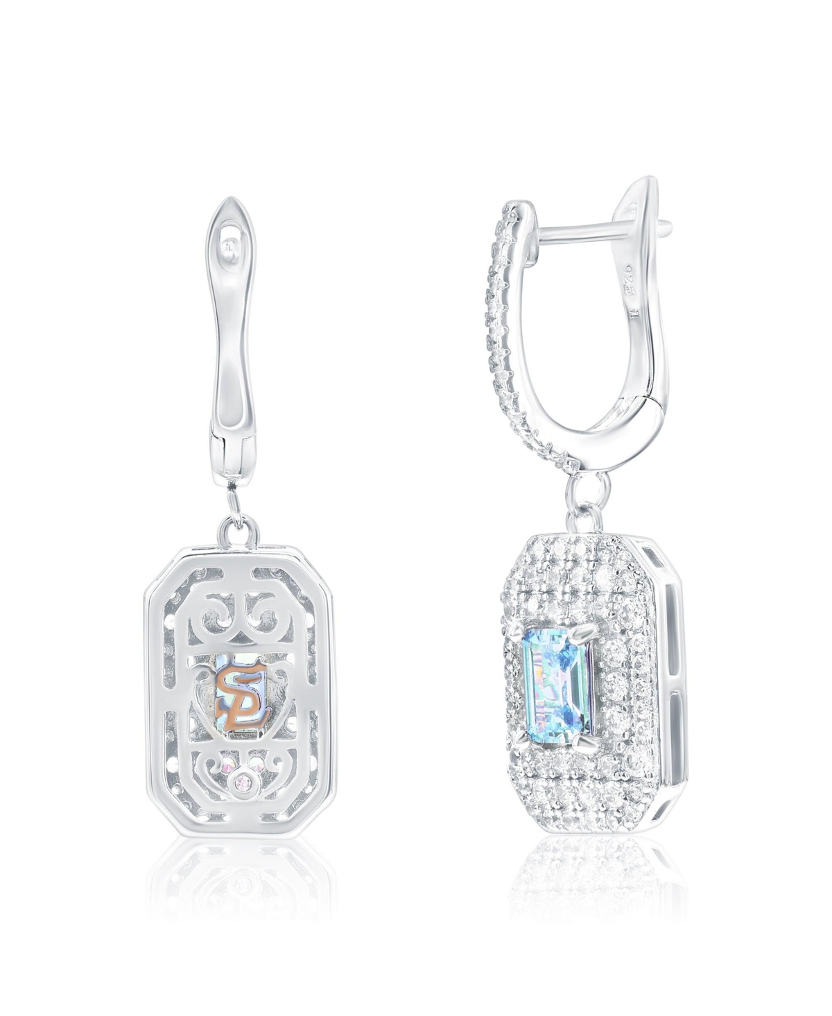 Suzy Levian New York Sterling Silver Cubic Zirconia Emerald Cut Center Pave Medallion Dangle Drop Earrings