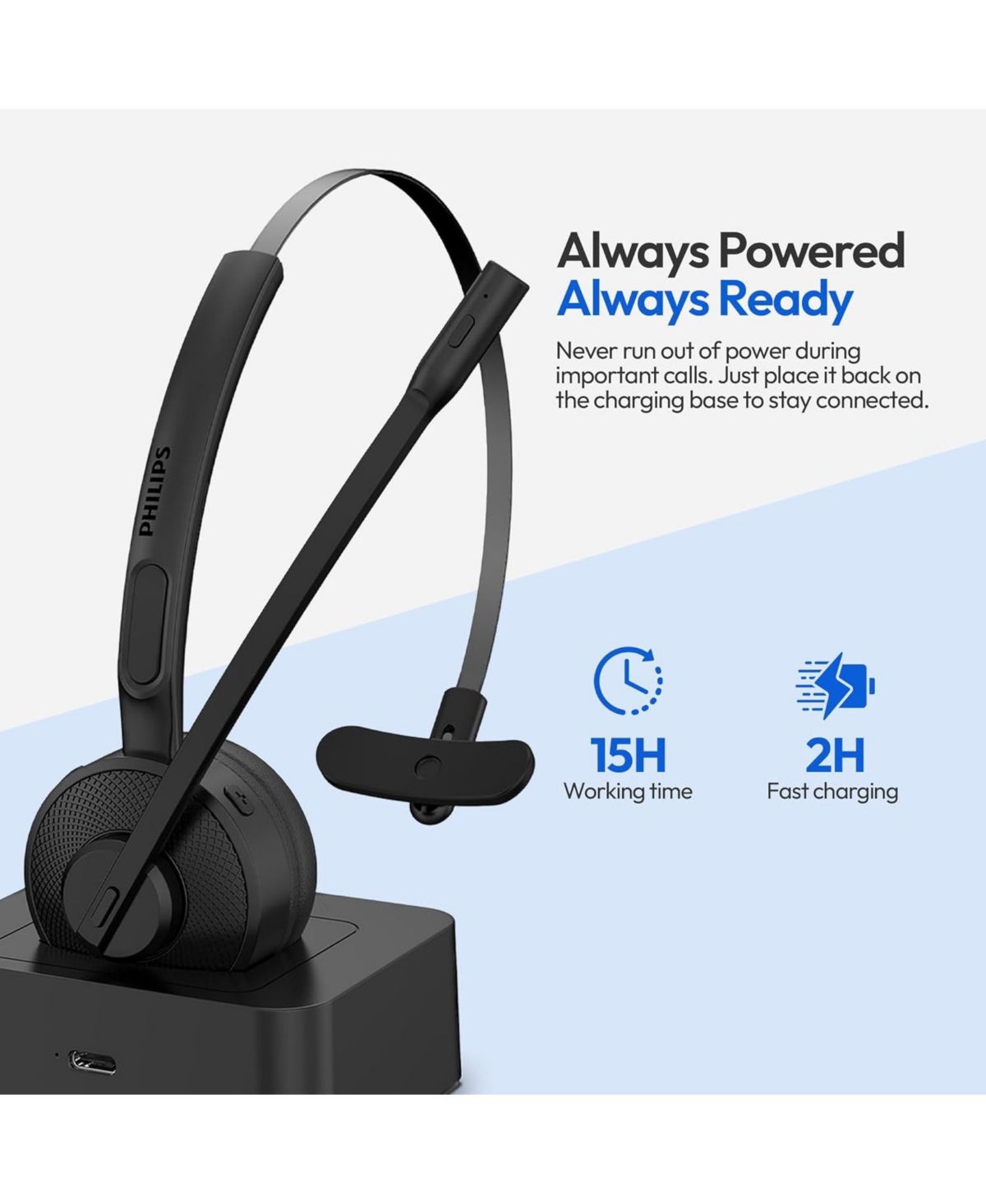 Philips Bluetooth Headset with Noise-Canceling Mic, Mute Button, Long Battery Life, Dual Charging for Office, Home, Car