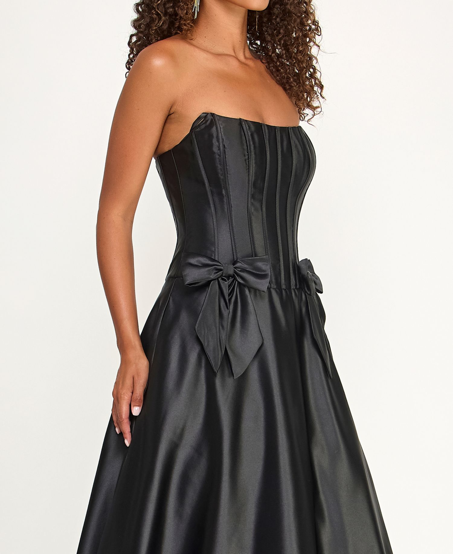 Juniors Strapless Satin Ball Gown with Waist Bows and Corset Bodice