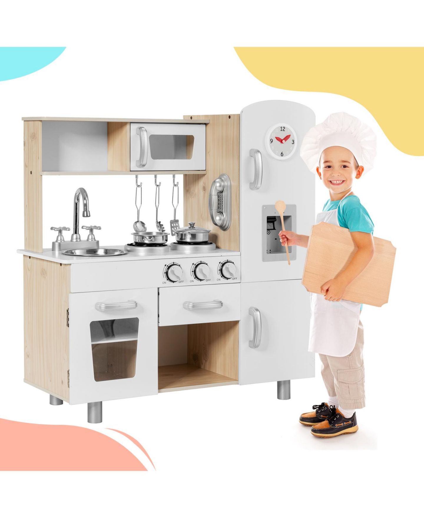 Детский игровой набор SKONYON Vintage Wooden Play Kitchen Pretend Cooking Playset, 7-Piece, Ages 3+, цвет: Белый — фото 6