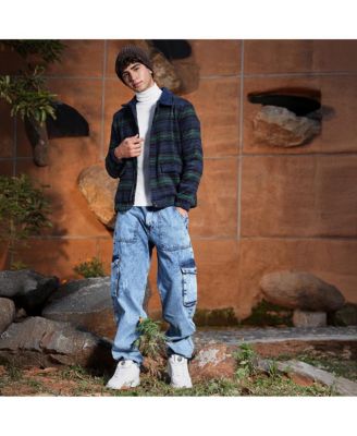 Men's Navy Blue & Emerald Green Striped-Jacquard Sherpa-Lined Jacket