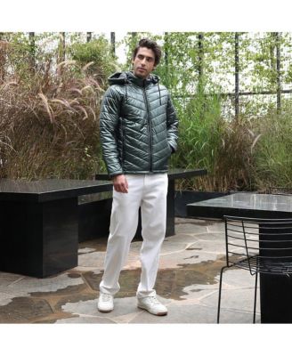 Men's Seaweed Green Coated Panel-Quilt Puffer Jacket