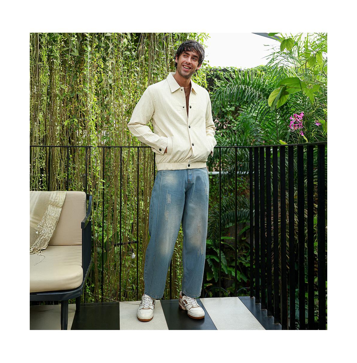 Campus Sutra Men's Cream White Lined-Tactile Bomber Jacket