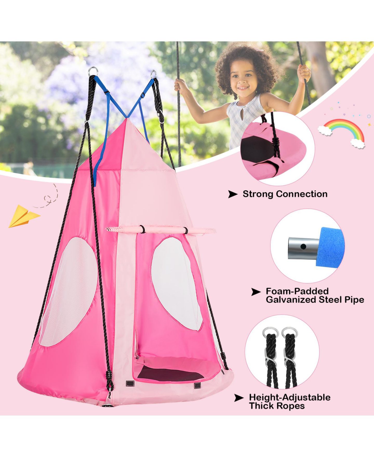 Детские игрушки SKONYON 2-in-1 Hanging Chair and Play Tent, 2-Piece Set, Ages 3-10, цвет: Розовый — фото 8