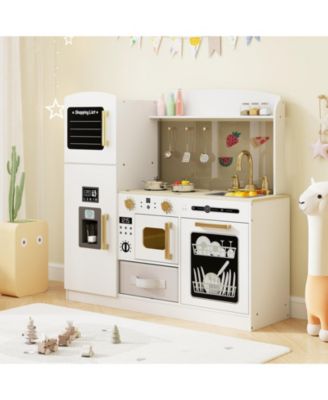 Wooden Kids Kitchen Playset with Chalkboard Ice Maker Sink Lighted Microwave-White