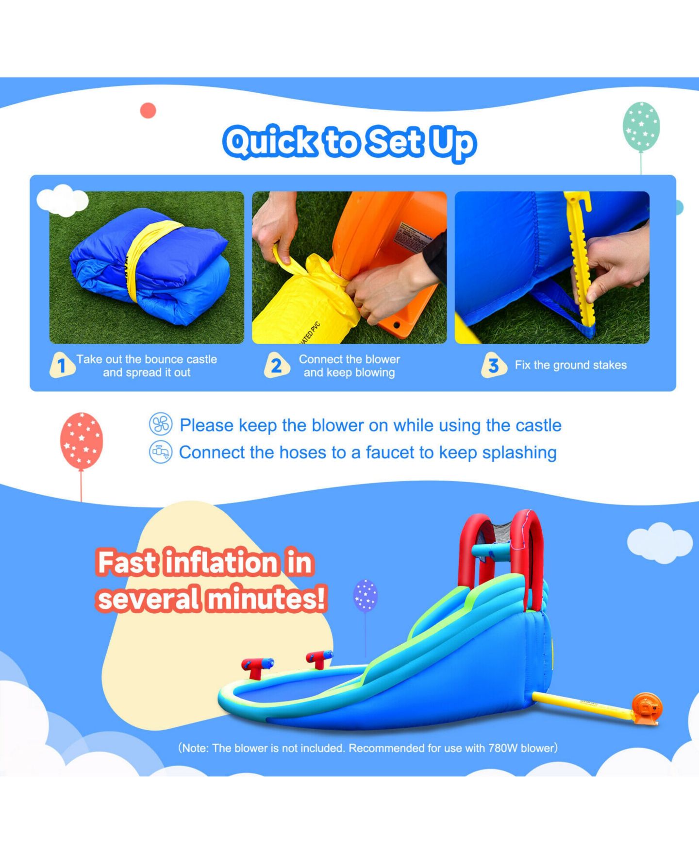 Детская игрушка SKONYON Inflatable Waterslide Bounce House, 18'L x 17.5'W x 9.5'H, Blower Compatible, Ages 3+, цвет: Синий — фото 3