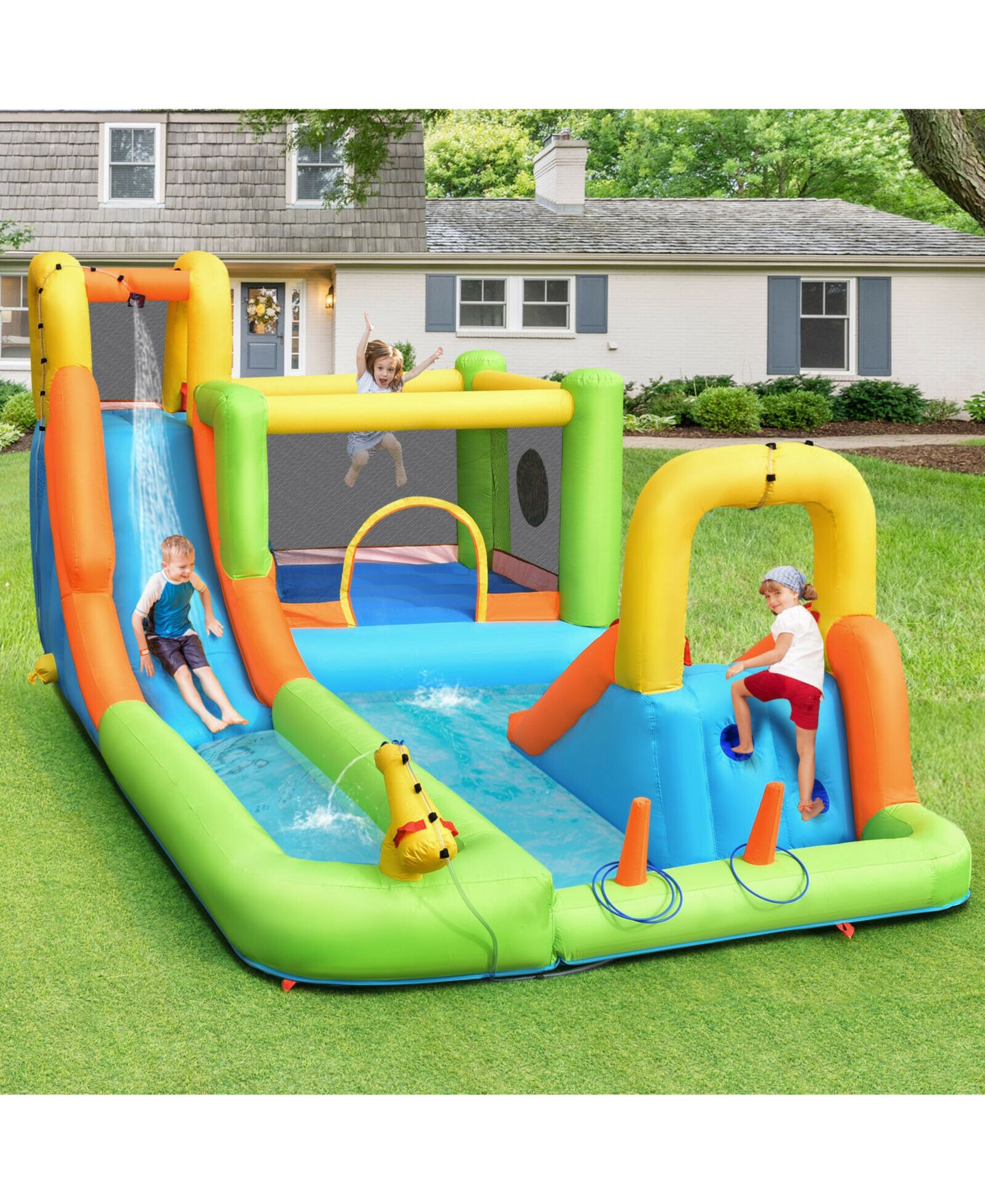 Детская игрушка SKONYON 8 in 1 Inflatable Water Slide Park, 198"L x 114"W x 85"H, Up to 3 Players, Ages 3-10, цвет: Зелёный — фото 8