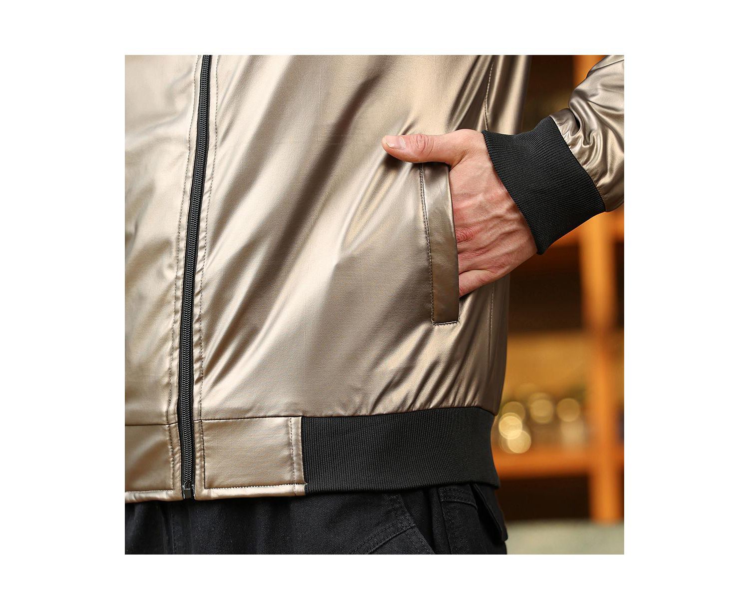 Men's Antique Bronze Patent-Panel Bomber Jacket