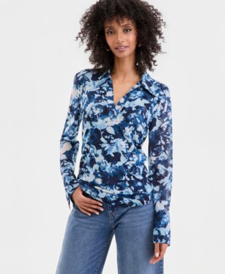 Women's Long-Sleeve Printed Mesh Collared Top