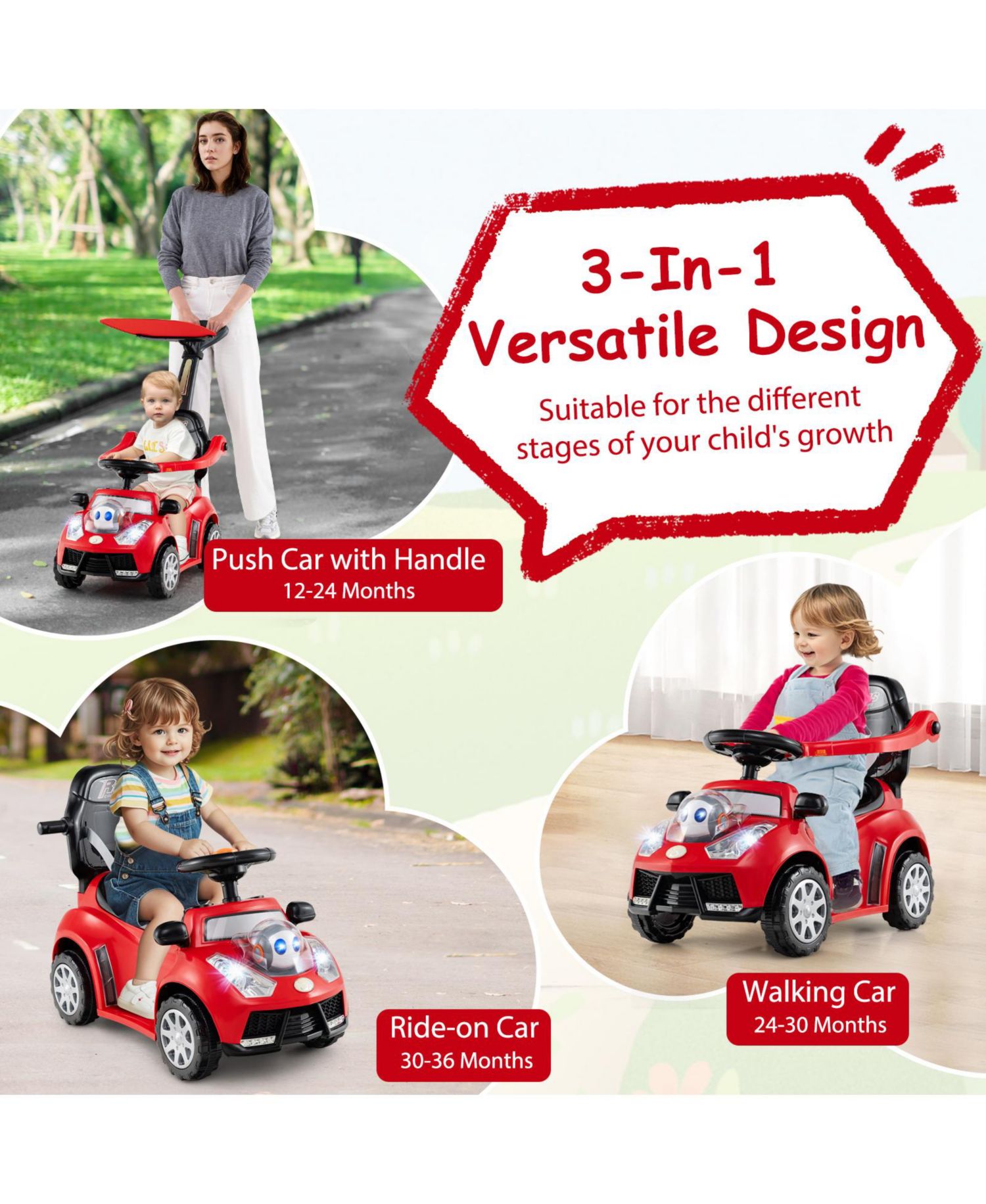 3-in-1 Sliding Walker w/ Adjustable Canopy Horn Music & Light for Boys & Girls