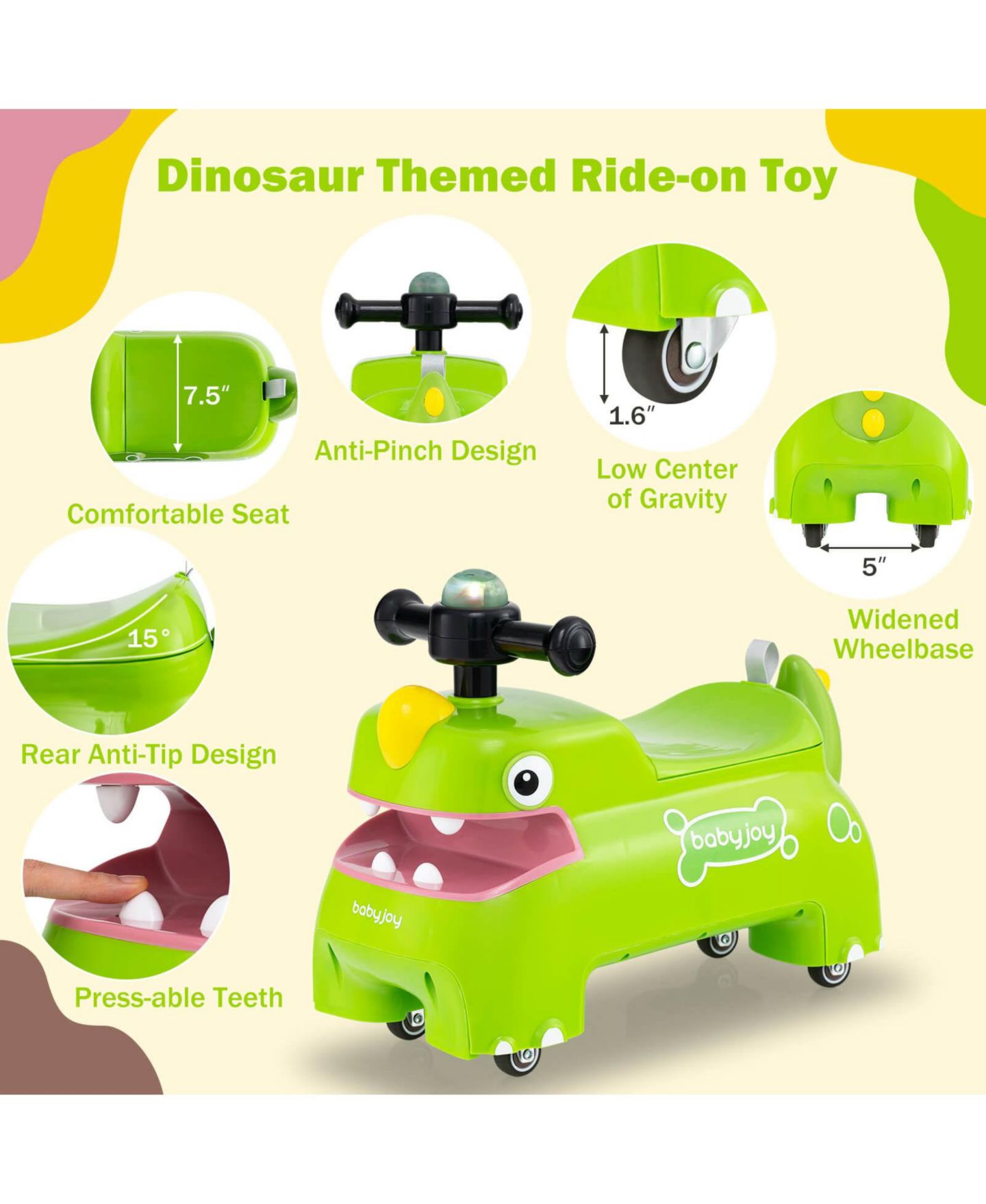 Детская игрушка Costway Baby Dinosaur Sliding Car with LED Lights and Under-Seat Storage Ride-On Toy, 55 lbs. Capacity, Ages 18 Months+, цвет: Зелёный — фото 4