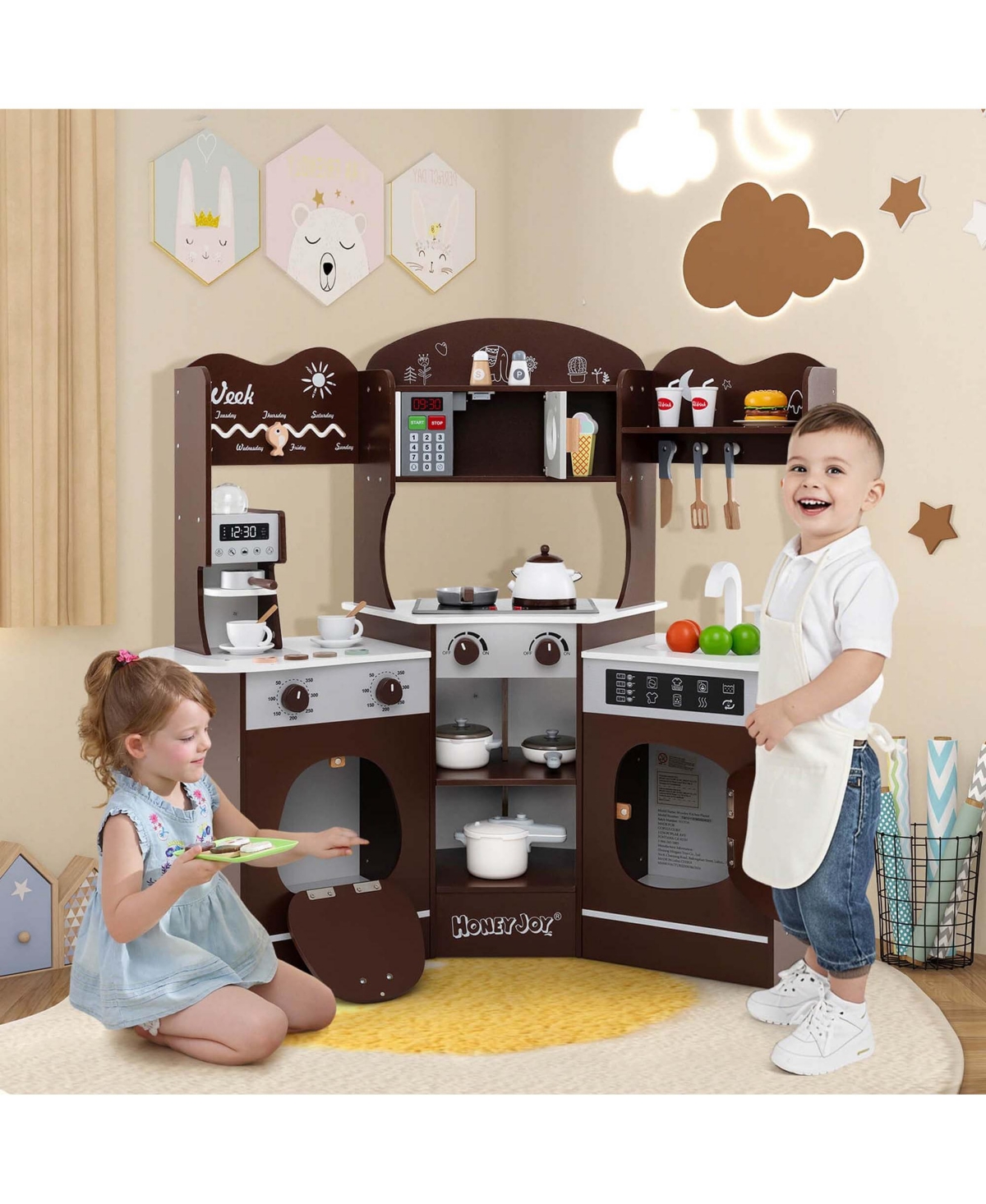 Corner Kitchen Playset with Coffee Machine Oven Microwave Washing