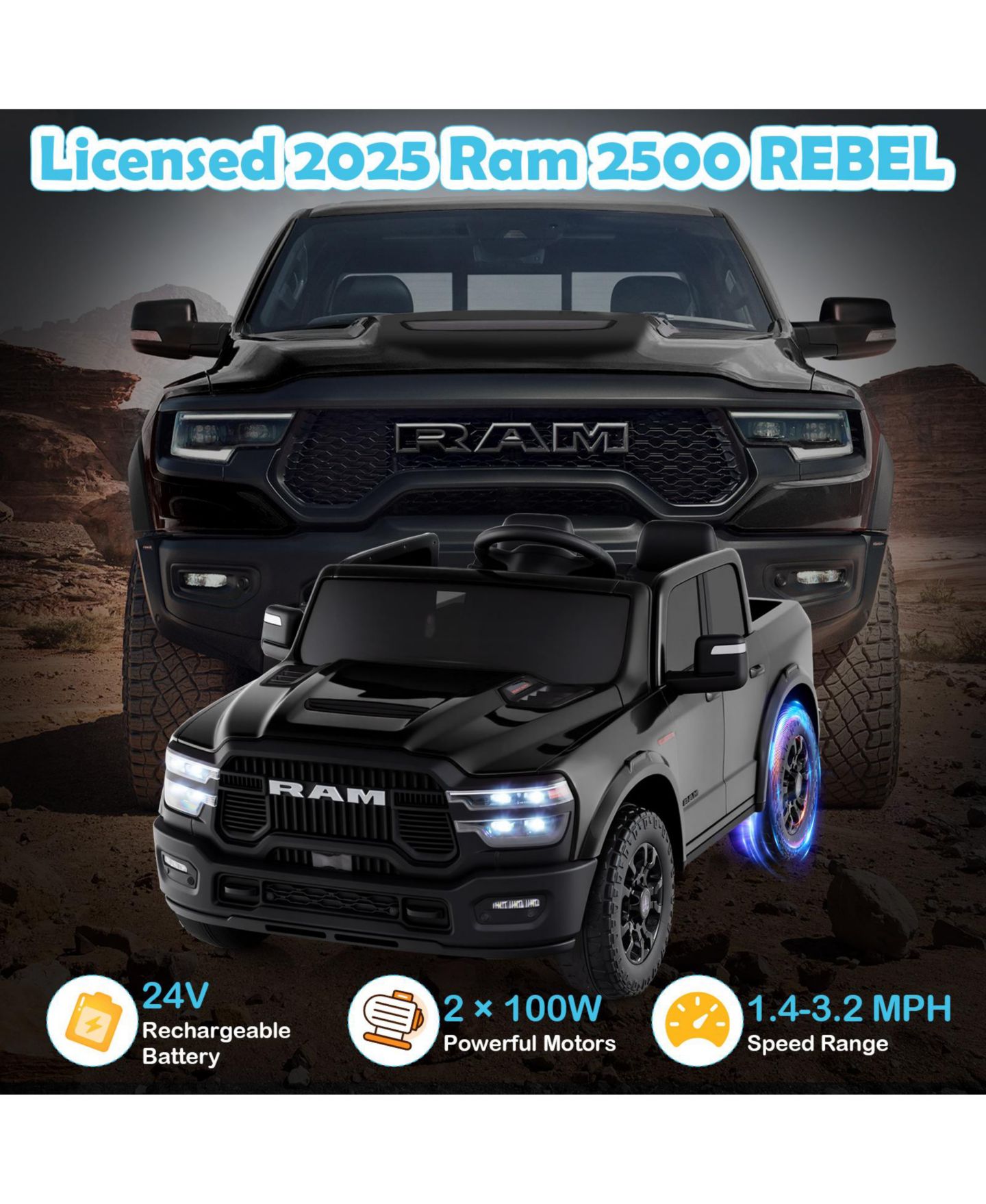 Детская игрушка Gymax Ram 2500 Rebel 2-Seater Remote Control Ride-On Truck, 110 lbs, Ages 3-7 Years, цвет: Чёрный — фото 7
