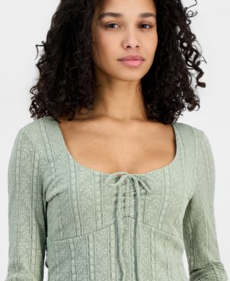 Juniors' Lace Textured Long-Sleeve Top