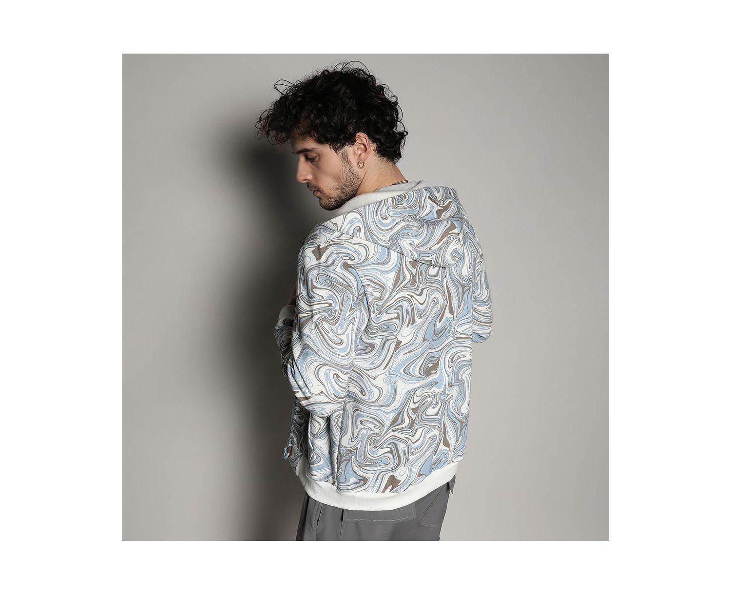 Men's Icy Blue & Olive Green Contrast Fluid Zip Front Hoodie