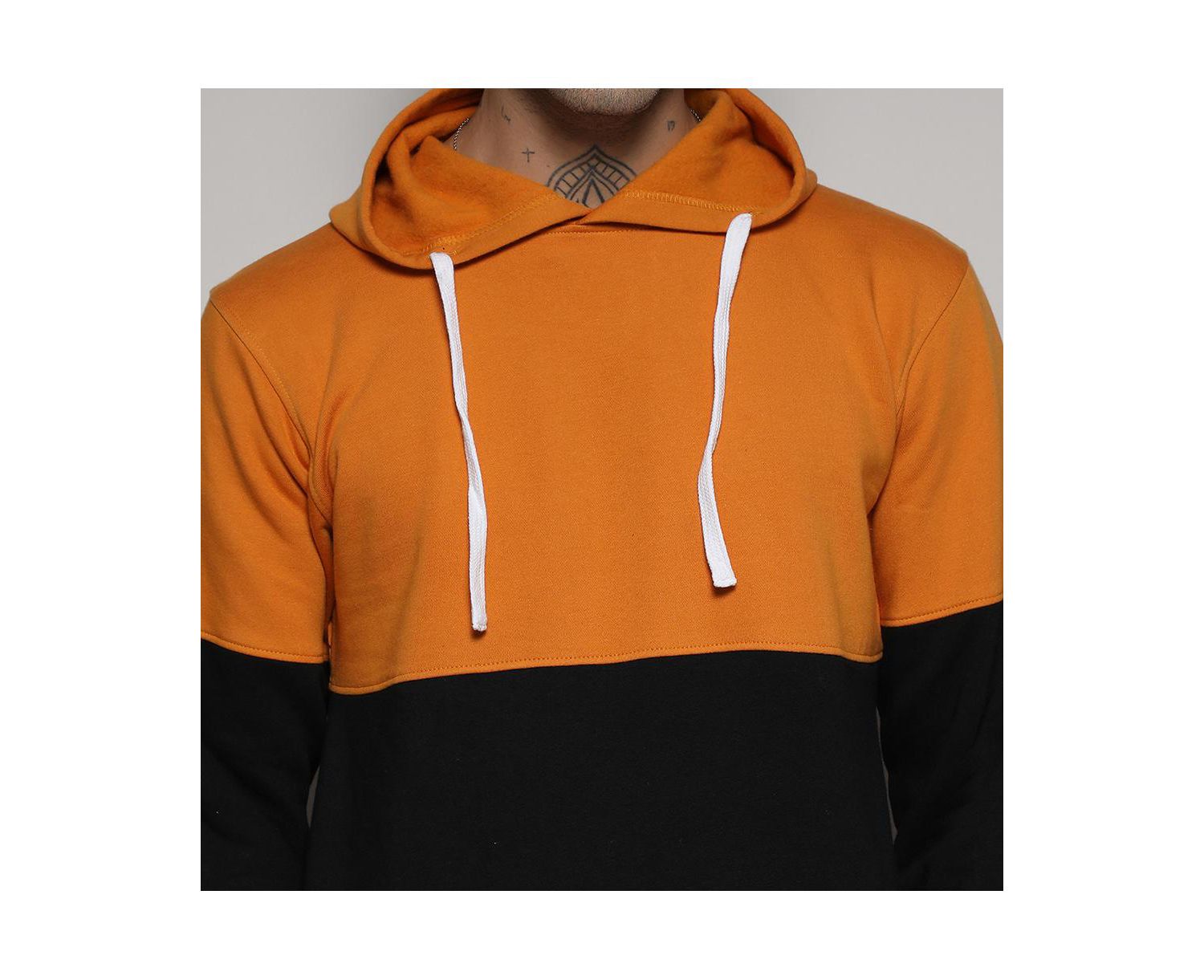 Men's Black & Mustard Yellow Pullover Hoodie With Ribbed Hem