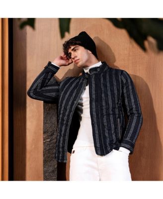 Men's Navy Blue Woven-Striped Quilted Jacket