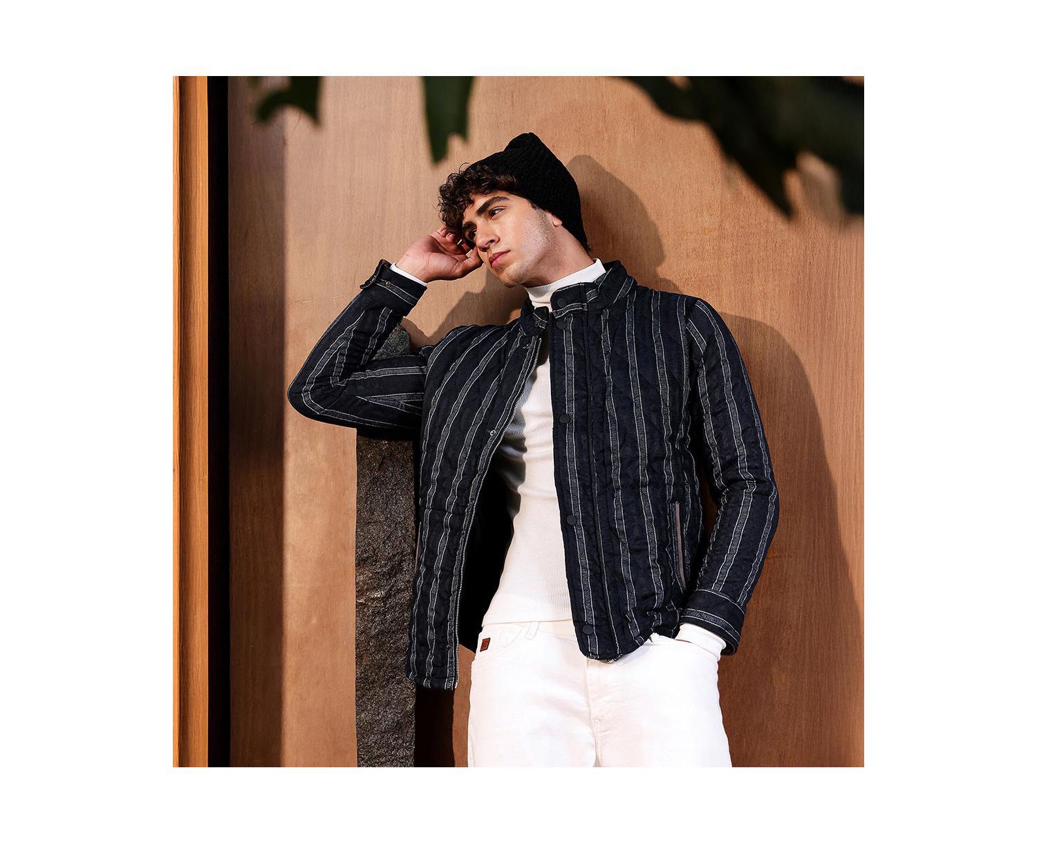 Men's Navy Blue Woven-Striped Quilted Jacket