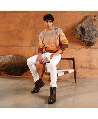 Men's Pumpkin Orange & Chocolate Brown Panel-Jacquard Knit Pullover Sweater