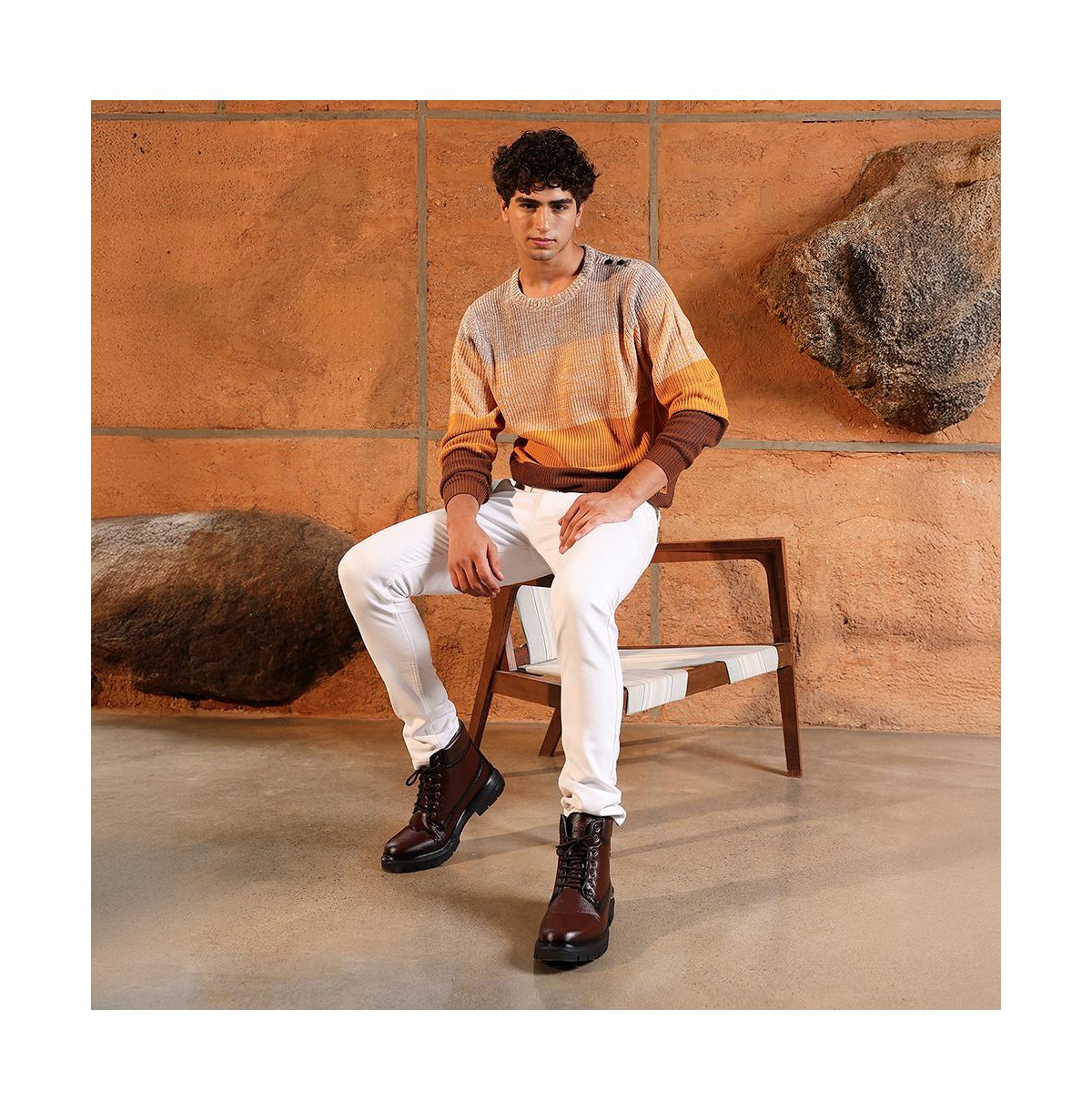 Campus Sutra Men's Pumpkin Orange & Chocolate Brown Panel-Jacquard Knit Pullover Sweater