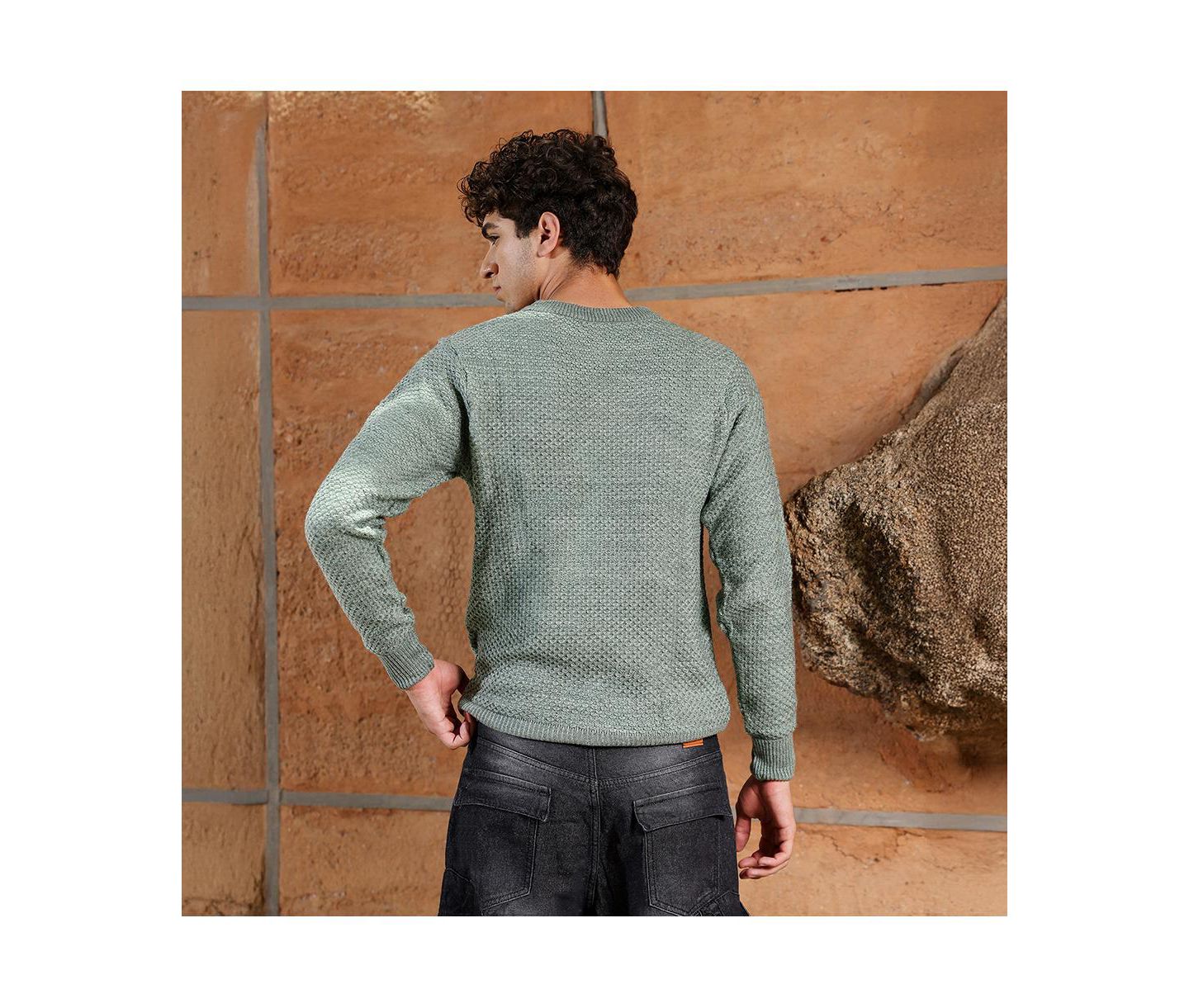 Мужской свитер Campus Sutra Geo-Jacquard Knit Pullover, цвет: Зелёный — фото 5