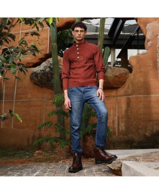 Men's Terracotta Brown Heathered-Jacquard Knit Fisherman Sweater