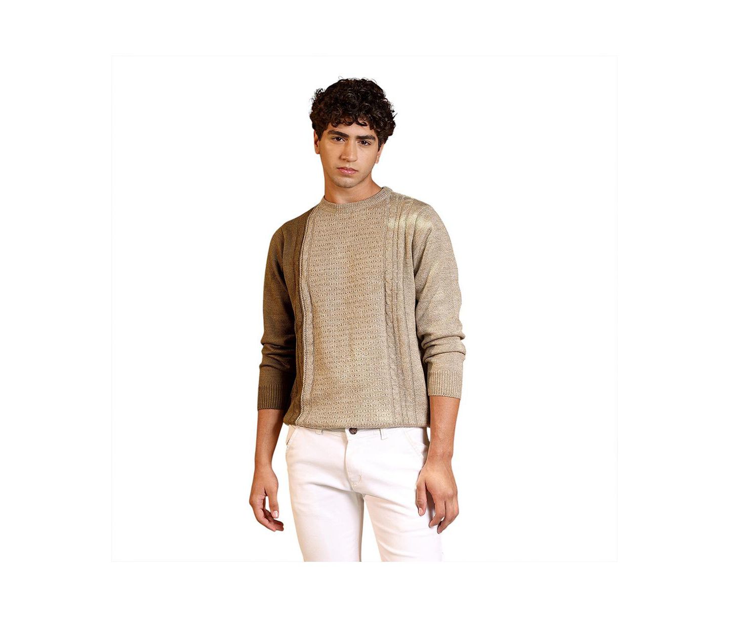 Мужской свитер Campus Sutra Sand Beige Textured-Jacquard Knit Pullover, цвет: Бежевый / Хаки — фото 1