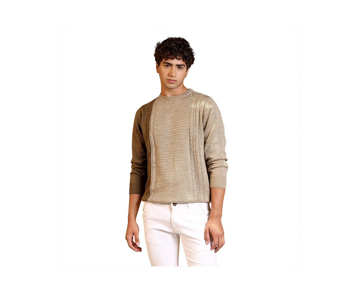 Men's Sand Beige Textured-Jacquard Knit Pullover Sweater
