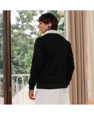 Men's Raven Black Contrast Sherpa-Lined Suede Bomber Jacket