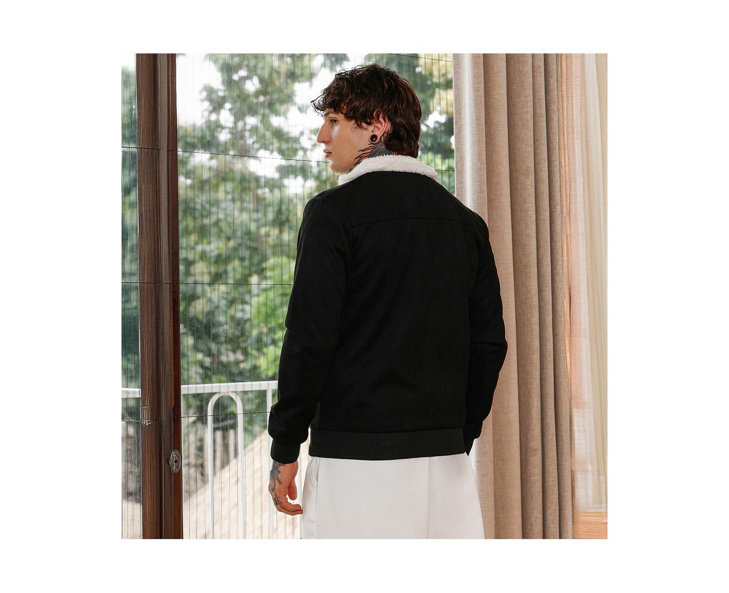 Men's Raven Black Contrast Sherpa-Lined Suede Bomber Jacket