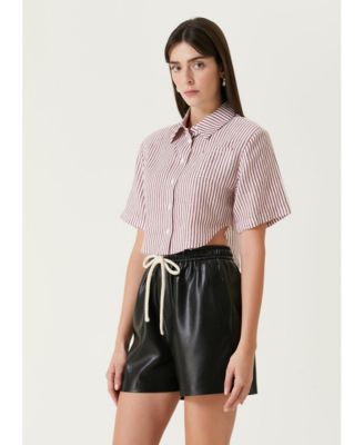 Women's Red Striped Linen Crop Shirt