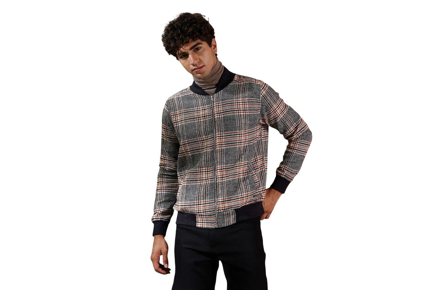 Men's Midnight Black & Chocolate Brown Tartan-Plaid Bomber Jacket