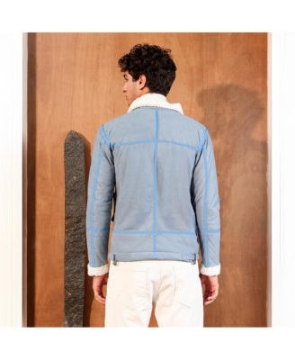 Men's Powder Blue Contrast Sherpa-Lined Suede Rider Jacket
