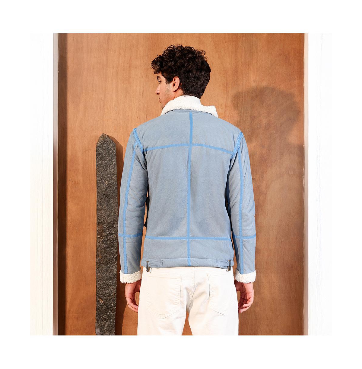 Campus Sutra Men's Powder Blue Contrast Sherpa-Lined Suede Rider Jacket