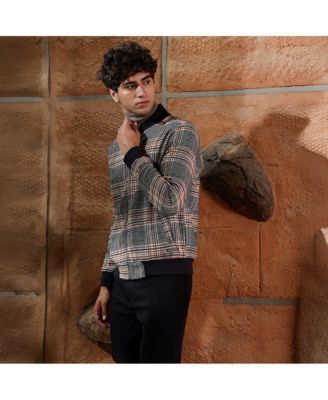 Men's Midnight Black & Chocolate Brown Tartan-Plaid Bomber Jacket