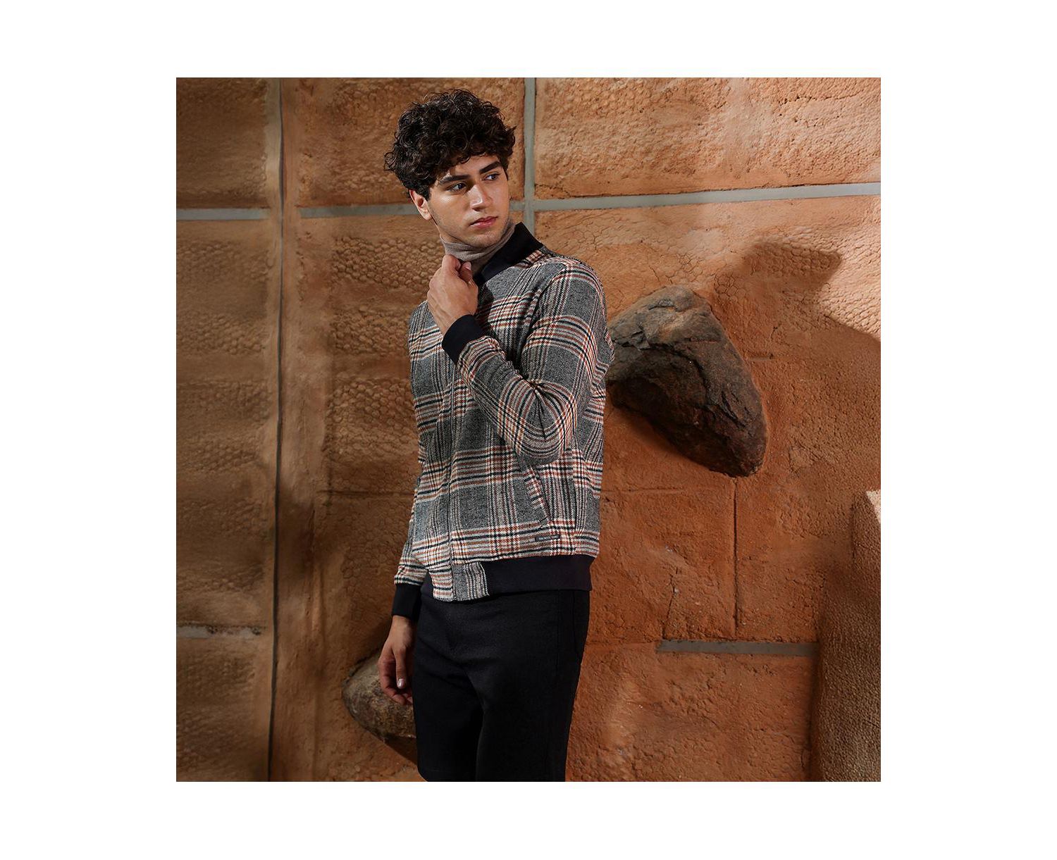 Men's Midnight Black & Chocolate Brown Tartan-Plaid Bomber Jacket