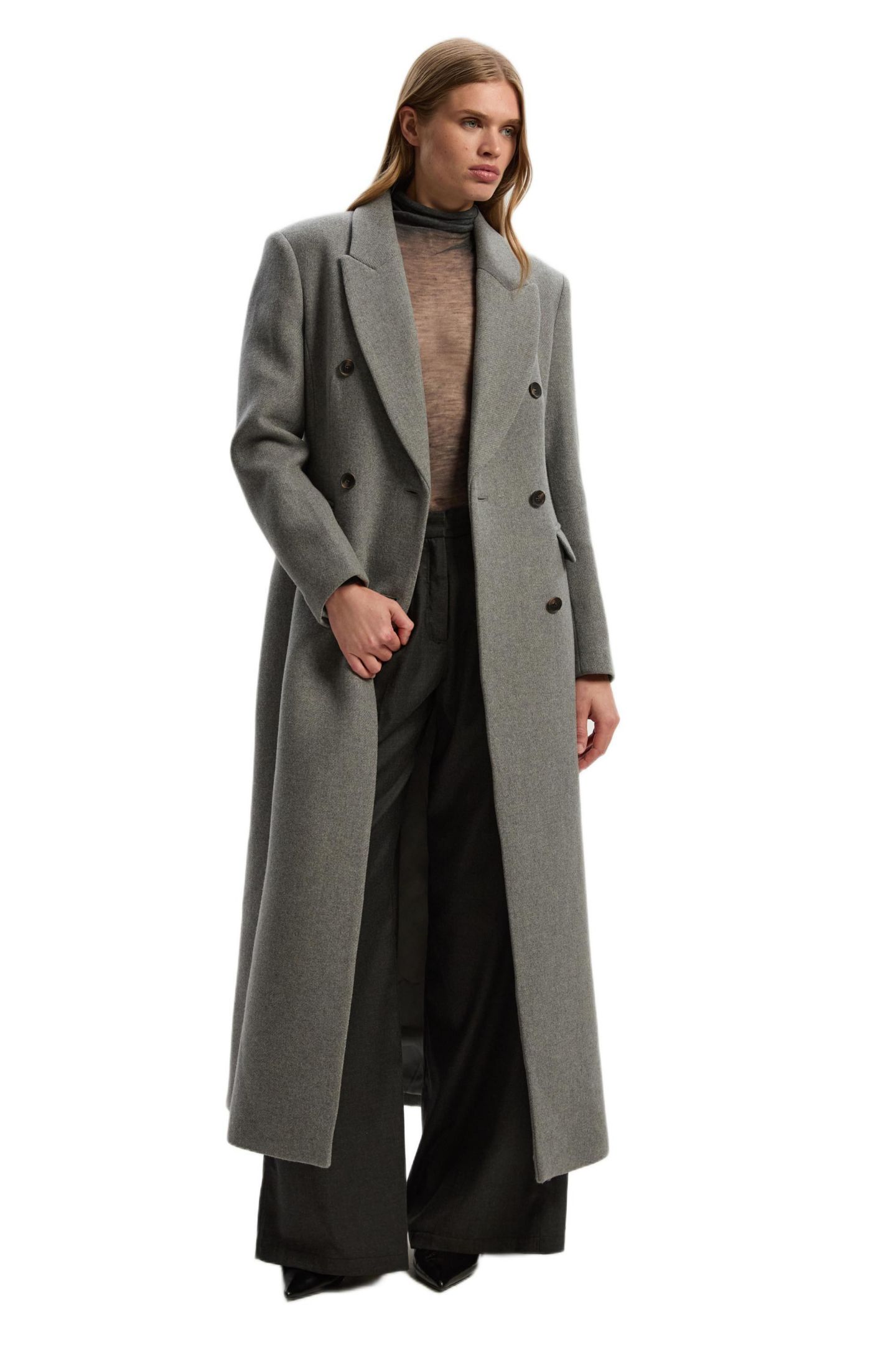 Женское пальто Karen Millen Wool Double Breasted Tailored Maxi, цвет: Серый меланжевый — фото 1