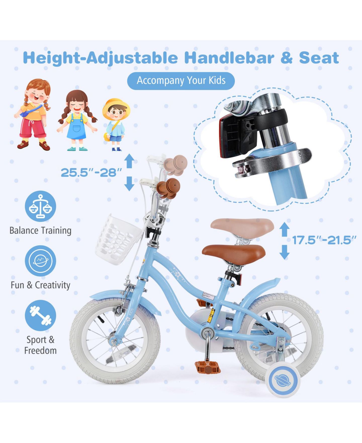 Детская игрушка SUGIFT Kids Bike with Basket, Adjustable Seat & Training Wheels, цвет: Светлый синий — фото 5